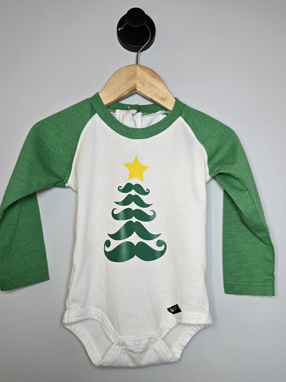 Kids Green & White Raglan Bodysuit with Festive Tree Graphic